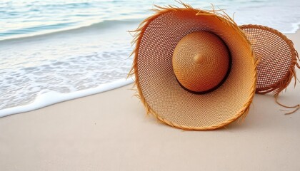 Wall Mural - wide-brimmed straw hat on tranquil sandy beach, gentle waves lapping shore, vacation, escape