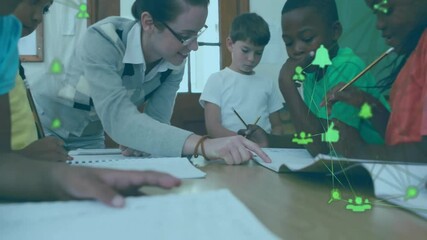 Poster - Teacher helping diverse students with homework, animation of green network icons in school