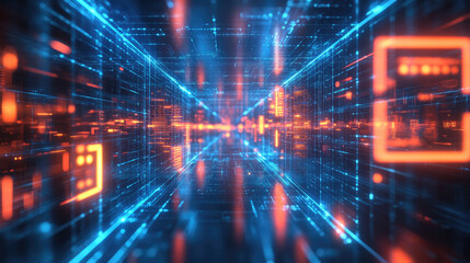 Aufkleber - Glowing neon digital corridor with blue and orange holographic elements, symbolizing futuristic data streams, cybersecurity, advanced technology networks in a high-speed virtual environment.Banner
