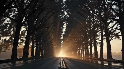 Poster - Sunset road lined with towering trees and sun rays. Serenity in nature concept