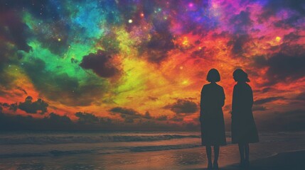 Wall Mural - Women on a beach staring at colorful skies in silhouette