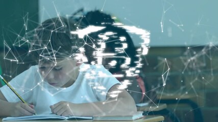 Poster - Young student writing in notebook with digital network animation overlay