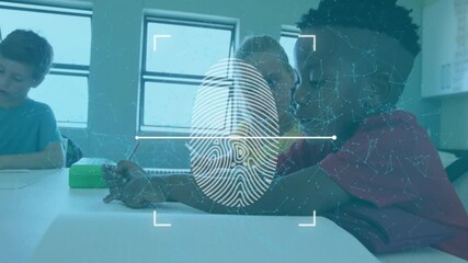 Poster - In school, fingerprint scan animation over students studying in classroom