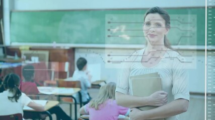 Poster - Teacher holding books in classroom with data processing animation over students