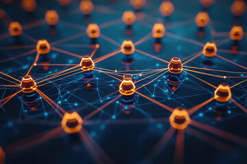 Aufkleber - Abstract digital network of glowing nodes and connecting lines, symbolizing futuristic communication, data exchange, and interconnected devices in a smart technology environment. 