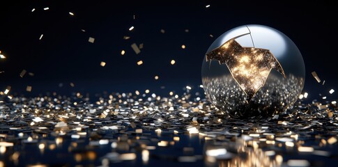 Canvas Print - a cracked globe reveals sparkling lights with falling confetti