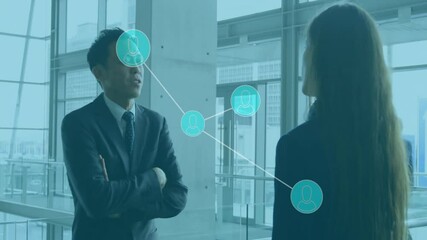 Poster - Discussing business with digital network animation overlay, professionals in office setting