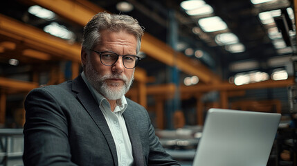 Poster - Mature businessman using laptop in a factory. Works in modern enterprise environment. Man checking info.