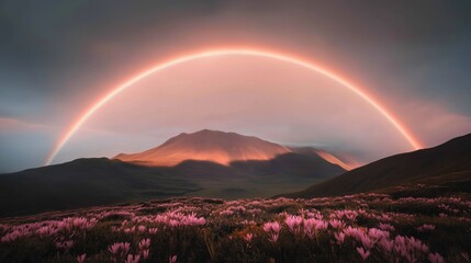 Wall Mural - a stunning rainbow arches over a mountain range with vibrant pink flowers in the foreground.