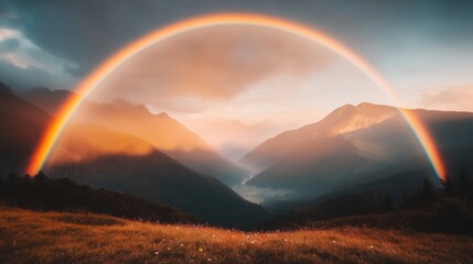 Wall Mural - a vibrant rainbow arches over a serene mountain valley at sunset.