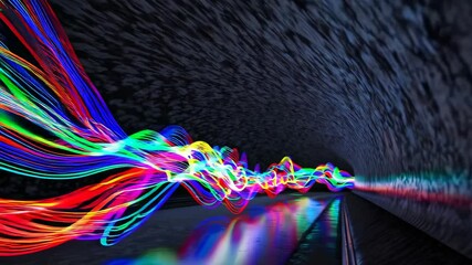 Fototapete - Colorful light trails in dark tunnel with reflections. Futuristic art concept