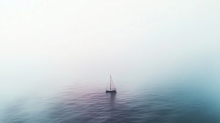 Wall Mural - a solitary sailboat gliding across a serene, misty ocean.