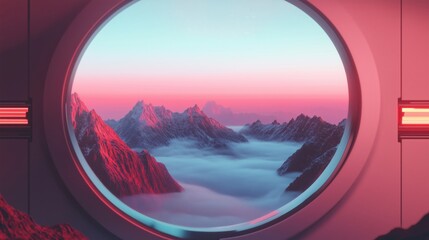 Wall Mural - a breathtaking view of mountains shrouded in mist during sunrise, framed by a circular window.