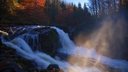 Poster - Autumn waterfall surrounded by colorful trees at sunrise, nature serenity concept
