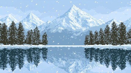 Wall Mural - a serene winter scene featuring snow-covered mountains and evergreen trees reflected in a calm lake.