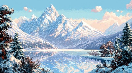 Wall Mural - a serene winter scene featuring snow-covered mountains reflecting in a calm lake.