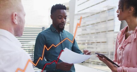 Poster - Discussing financial graphs, business professionals collaborating on documents in office