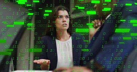 Poster - Discussing digital binary code animation, businesswoman and colleague in office meeting