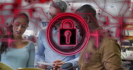Poster - Diverse team discussing project with digital security lock animation overlay