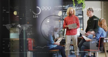 Poster - Collaborating in office, business team analyzing data with animation graphics overlay