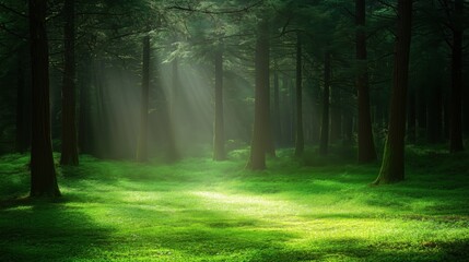 Wall Mural - a serene forest scene with sunlight filtering through tall trees, illuminating the green undergrowth