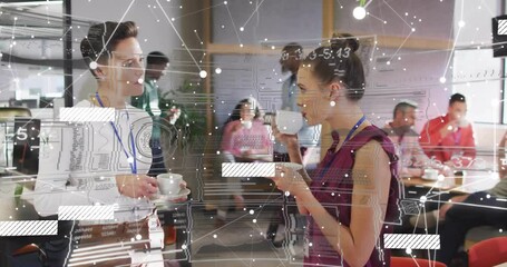 Poster - Network of connections and data processing animation over people having coffee