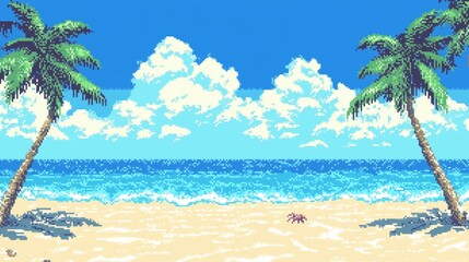 Wall Mural - a serene tropical beach featuring palm trees, soft sand, and a clear blue sky. a vibrant pixel art l