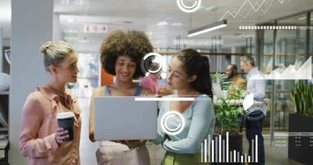Poster - Discussing work, three women using laptop with data analytics animation overlay