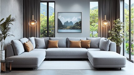 Poster - Light gray corner sofa in a cozy interior, interior design.