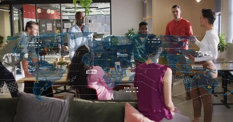 Poster - Diverse team in office with world map and data connections animation overlay