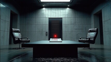 Leinwandbilder - A large interrogation room with lie detecting device kept on the table. Two chair on each side of the table.