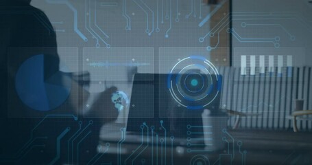 Poster - Digital interface with data processing animation over person using laptop in office