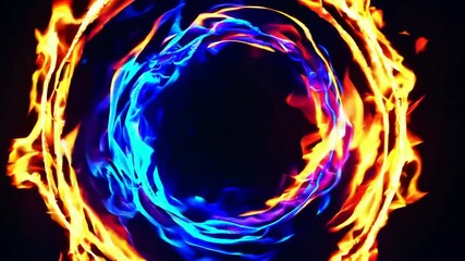 Poster - Circular flames of blue and orange on black background, energy dynamics concept