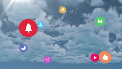 Poster - Floating animation of colorful social media icons over cloudy sky background
