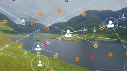 Poster - Network of connections and data processing animation over scenic mountain landscape