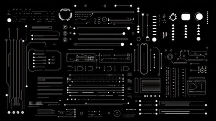 Abstract digital circuitry design featuring lines and shapes on a black background displaying technological themes