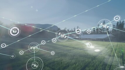 Poster - Animation of digital network icons overlaying green field with trees and mountains