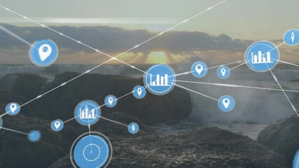 Poster - Animation of data and location icons over ocean waves at sunset