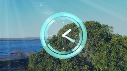 Poster - Digital clock animation over scenic landscape with trees and water