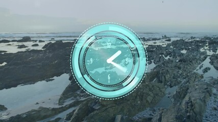 Poster - Overlaying clock animation on rocky coastal landscape with ocean waves crashing