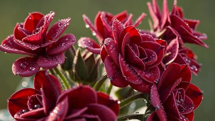 Aufkleber - Red roses with dew drops under sunlight on a blurred background. Nature beauty concept