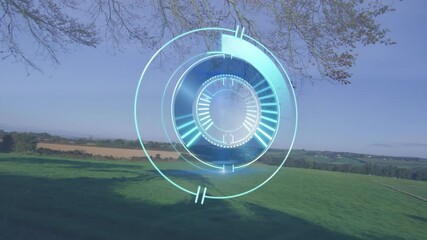 Poster - Futuristic digital interface animation over serene countryside landscape with trees