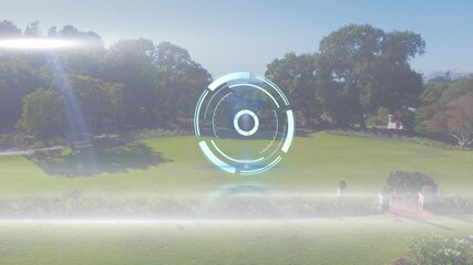 Poster - Digital interface animation over lush green park with trees and pathways