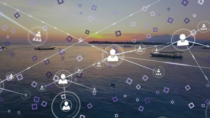 Poster - Network of connections and data processing animation over serene ocean sunset