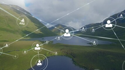 Poster - Network of connections and data processing animation over scenic mountain landscape