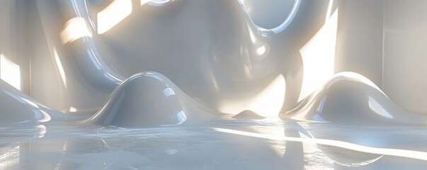 Poster - fluid metallic shapes suspended in mid-air creating a serene atmosphere in a minimalist white enviro