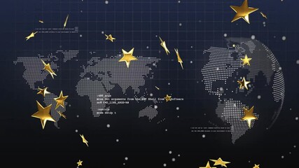 Poster - World map with digital data and golden stars animation over dark grid background