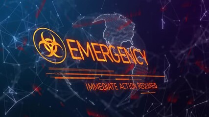 Poster - Biohazard symbol alert with animation over digital world map and network connections