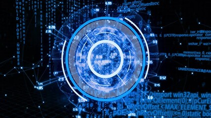 Poster - Futuristic digital interface with circular patterns and binary code animation