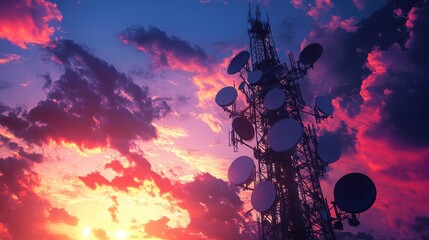 Sunset Telecom Tower: Silhouette of a communication tower with array of antennas against a dramatic sunset sky, vibrant colors of dusk cast a stunning visual of modern technology and natural beauty.